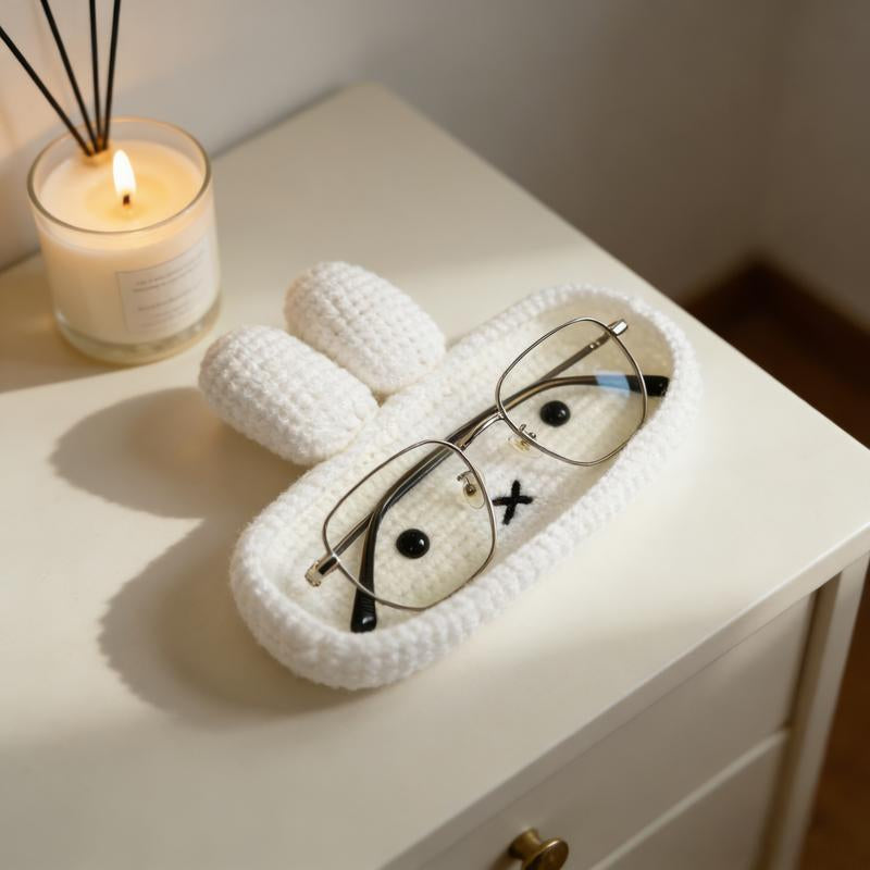 Handmade Crochet Animal Eyeglass Stand, Bunny Glasses Holder Tray, Cute Desk Decor & Accessory, Unique Gift Idea