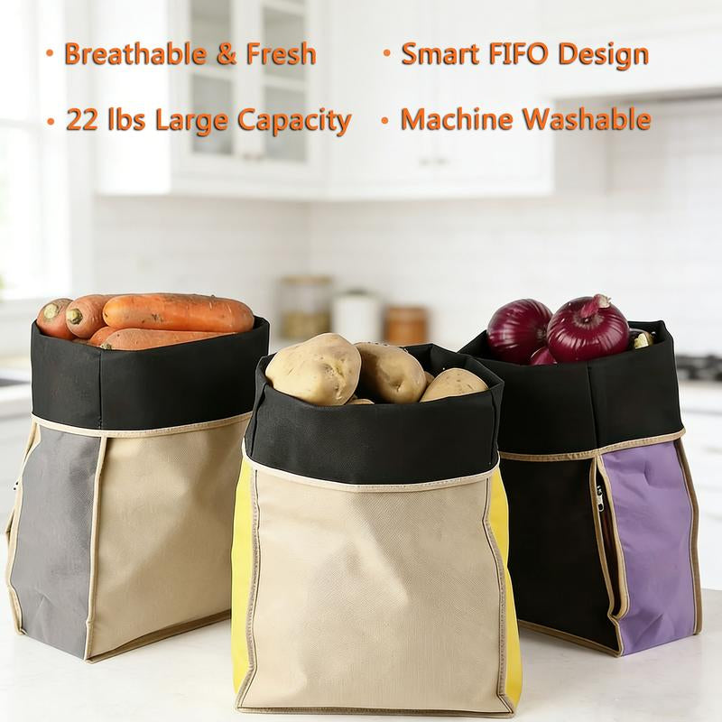 Potato & Onion Storage Bags with Side Zipper, Breathable Light-Blocking Veggie Organizer for Pantry, Keeps Vegetables Fresh Longer