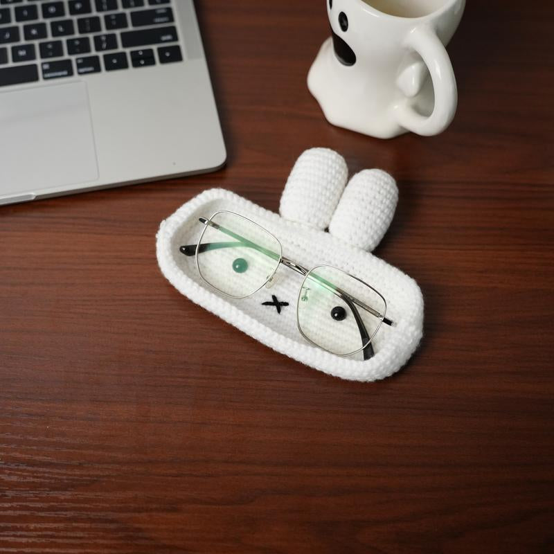 Handmade Crochet Animal Eyeglass Stand, Bunny Glasses Holder Tray, Cute Desk Decor & Accessory, Unique Gift Idea