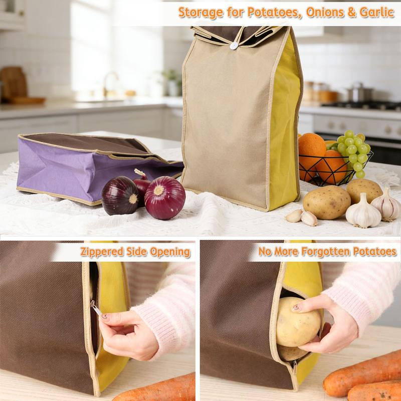 Potato & Onion Storage Bags with Side Zipper, Breathable Light-Blocking Veggie Organizer for Pantry, Keeps Vegetables Fresh Longer